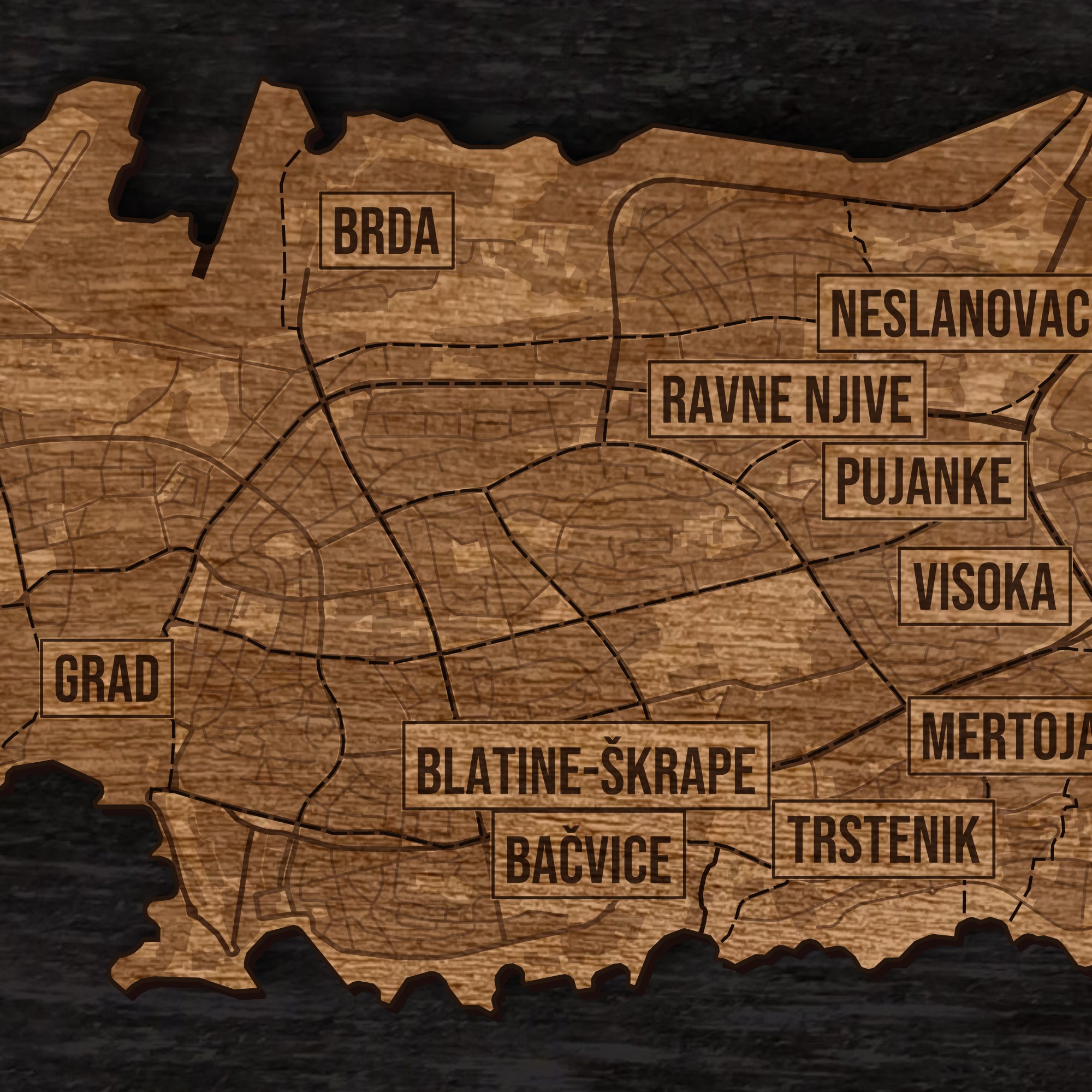 Zbliżenie drewnianej mapy Splitu: grawer ulic, zabudowy, wody, granic i nazw dzielnic
