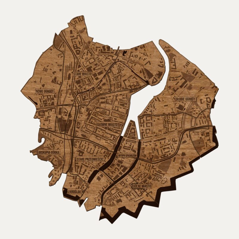 Śródmieście (Gdańsk) - drewniana mapa dzielnicy na ścianę
