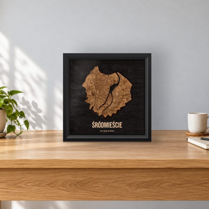 Śródmieście (Gdańsk) - drewniana mapa dzielnicy w ramce