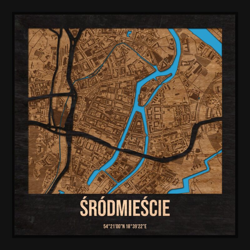Śródmieście (Gdańsk) - drewniana mapa dzielnicy z siatką ulic w ramce