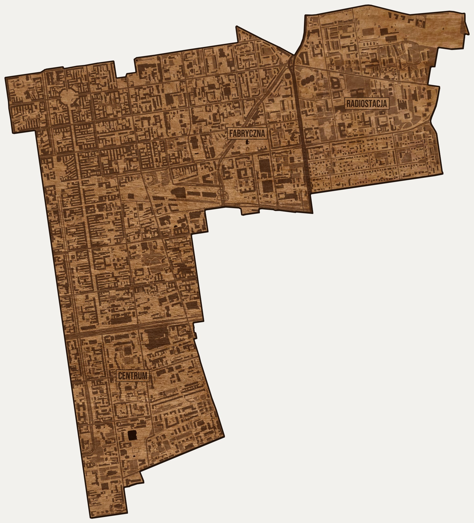 Drewniana mapa dzielnicy Śródmieście (Łódź) na ścianę z jednego kawałka, granice osiedli wygrawerowane