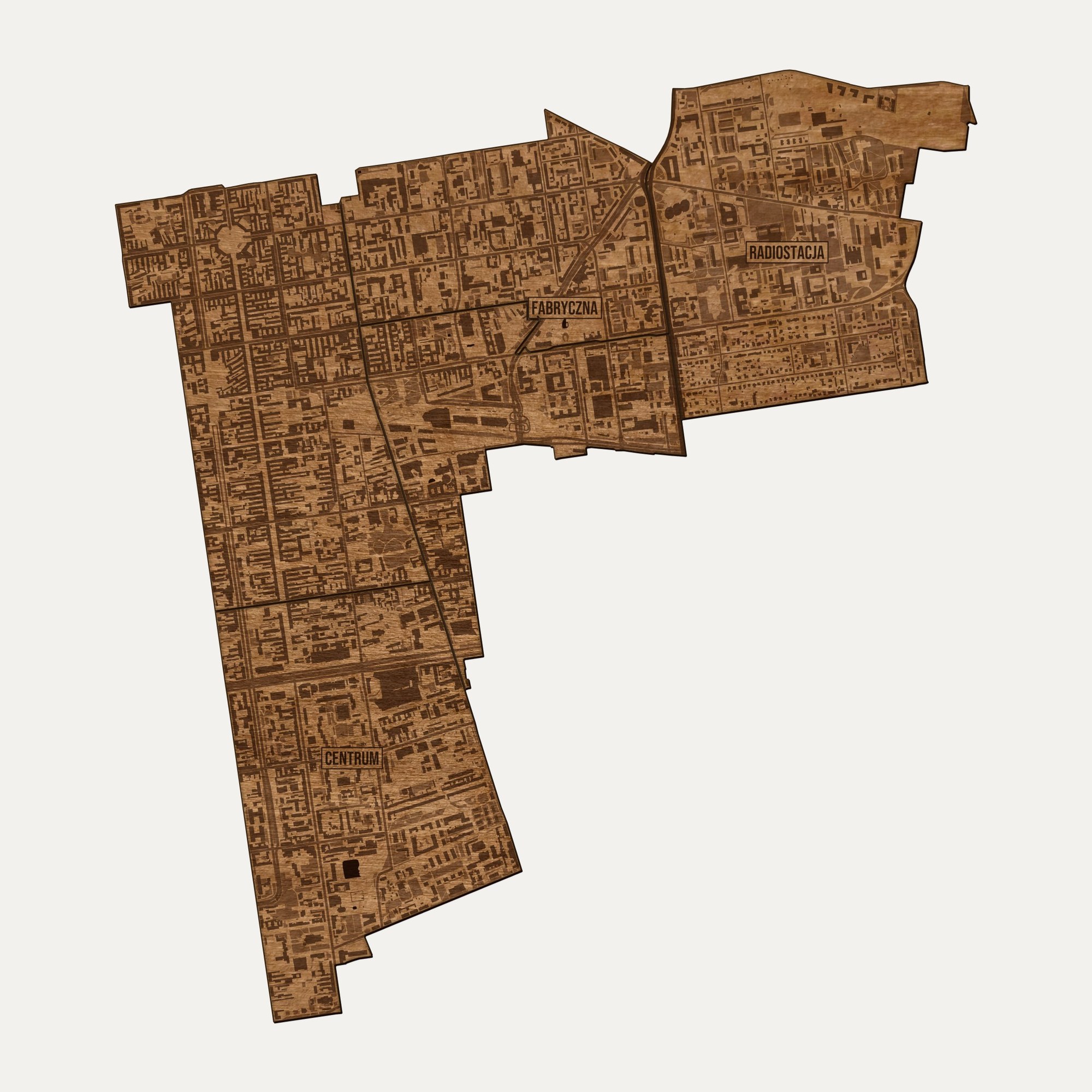 Śródmieście (Łódź) - drewniana mapa dzielnicy na ścianę