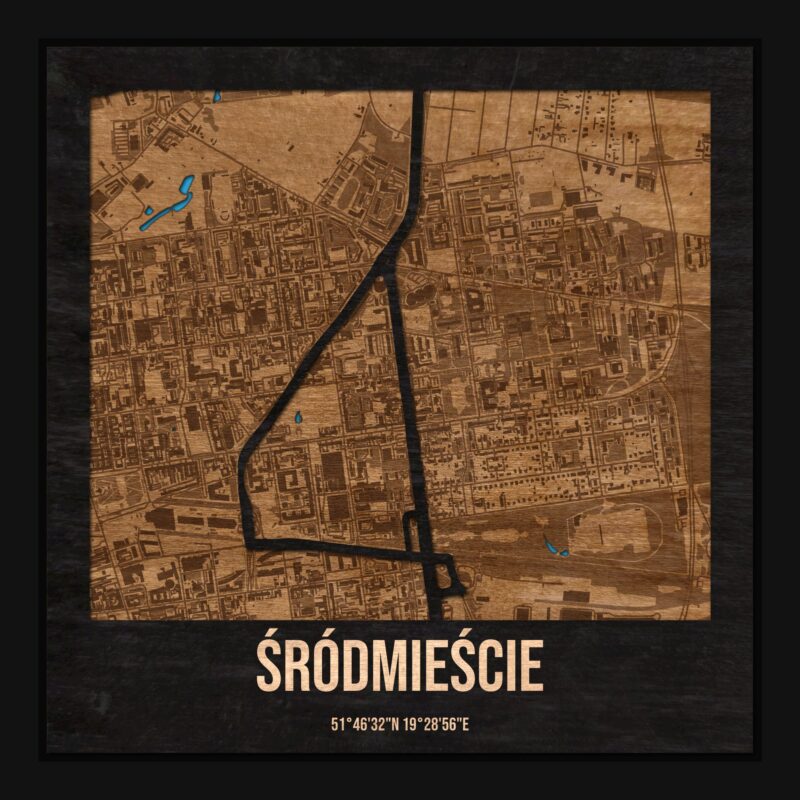 Śródmieście (Łódź) - drewniana mapa dzielnicy z siatką ulic w ramce