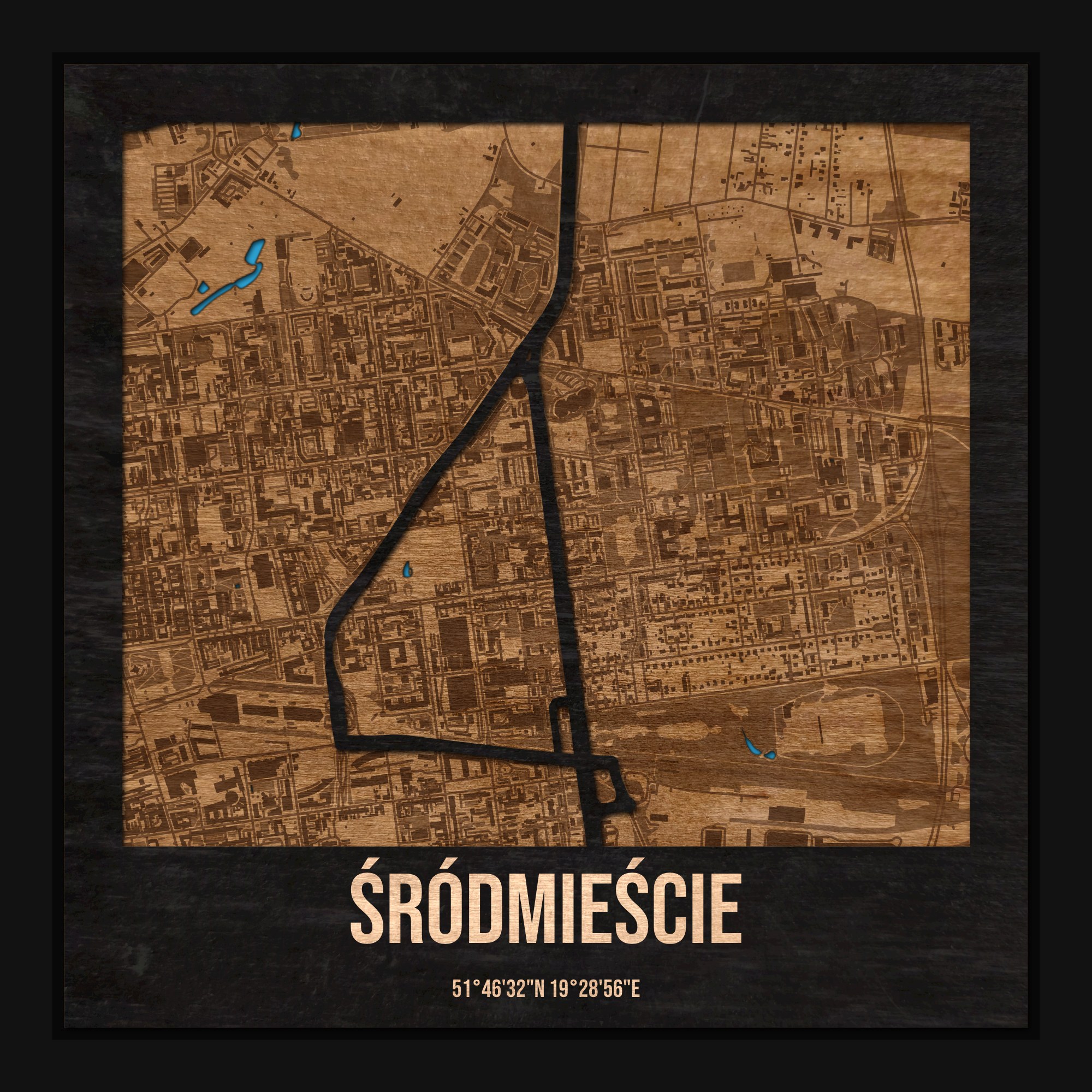 Śródmieście (Łódź) - drewniana mapa dzielnicy z siatką ulic w ramce