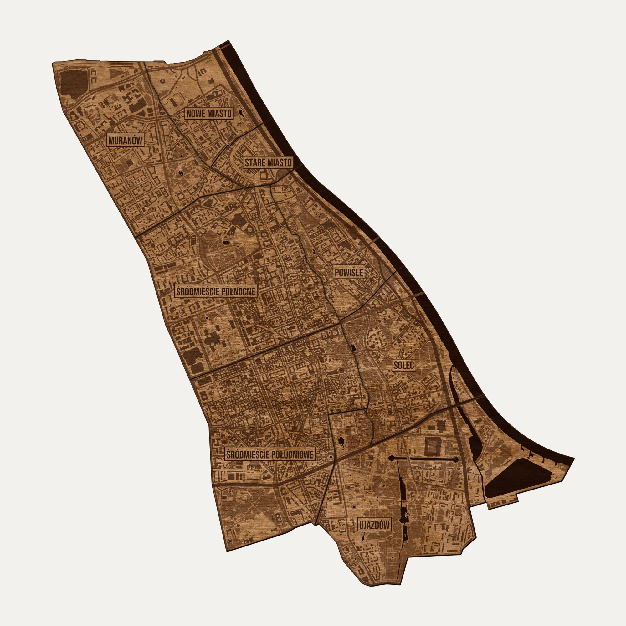 Śródmieście (Warszawa) - drewniana mapa dzielnicy na ścianę