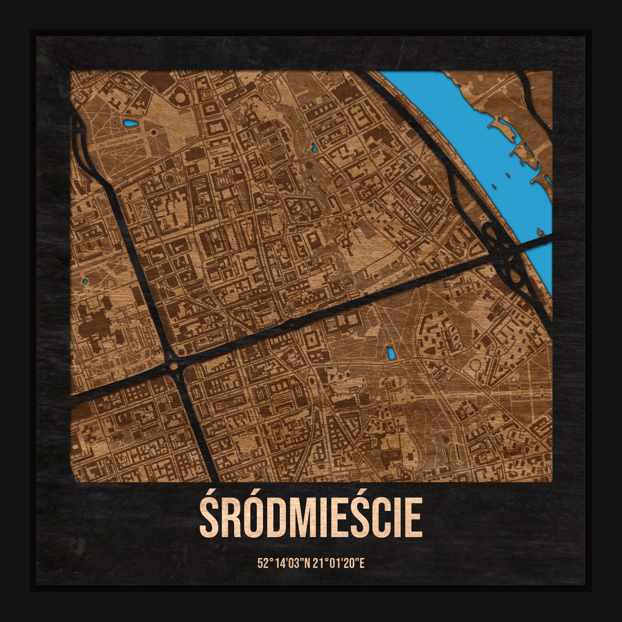 Śródmieście (Warszawa) - drewniana mapa dzielnicy z siatką ulic w ramce