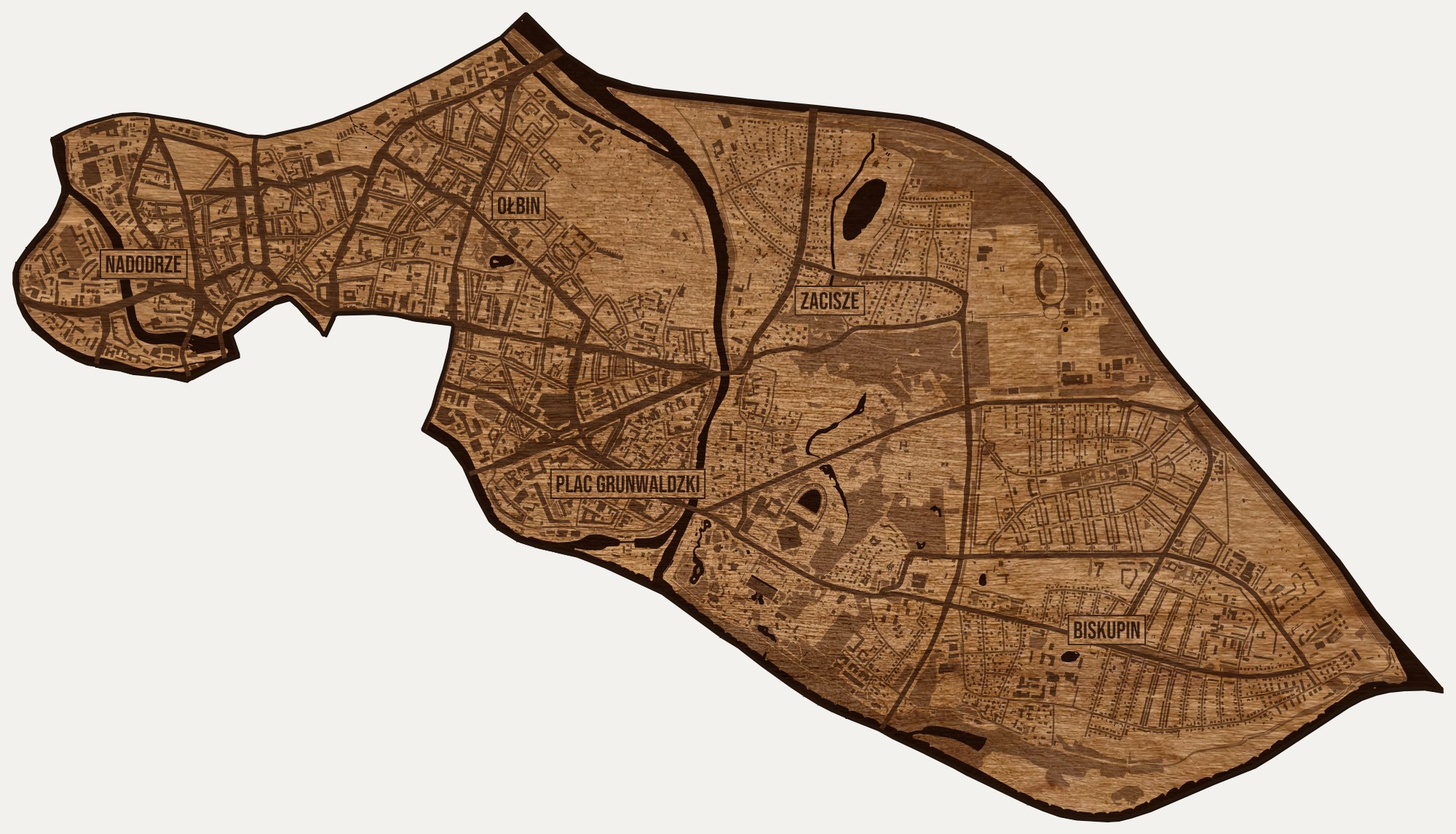 Drewniana mapa dzielnicy Śródmieście (Wrocław) na ścianę z jednego kawałka, granice osiedli wygrawerowane