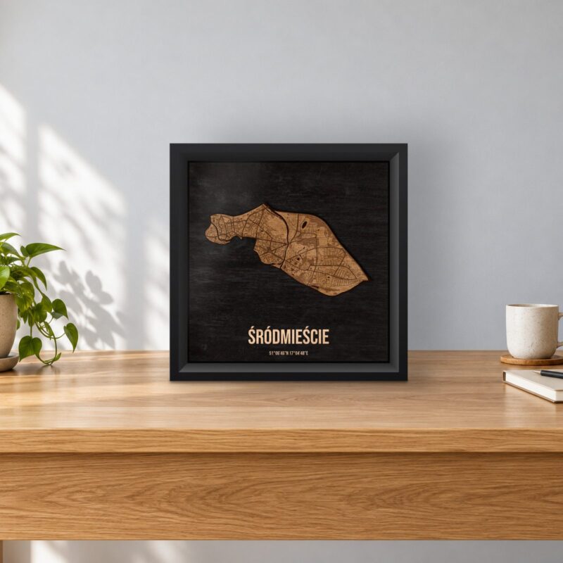 Śródmieście (Wrocław) - drewniana mapa dzielnicy w ramce