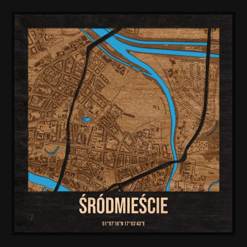 Śródmieście (Wrocław) - drewniana mapa dzielnicy z siatką ulic w ramce