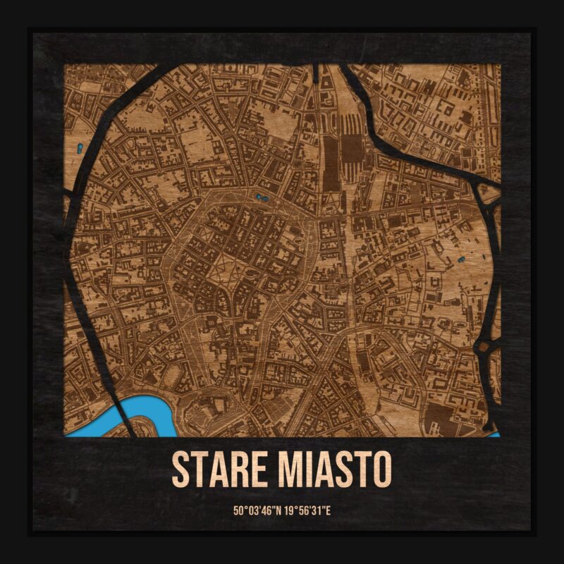 Stare Miasto (Kraków) - drewniana mapa dzielnicy z siatką ulic w ramce