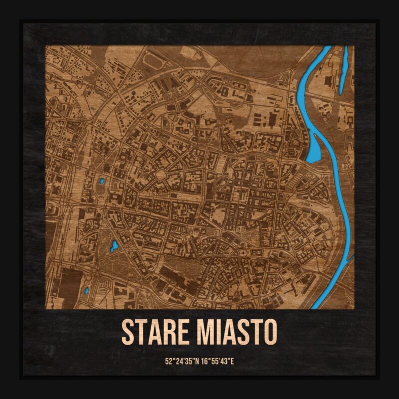Stare Miasto (Poznań) - drewniana mapa dzielnicy z siatką ulic w ramce
