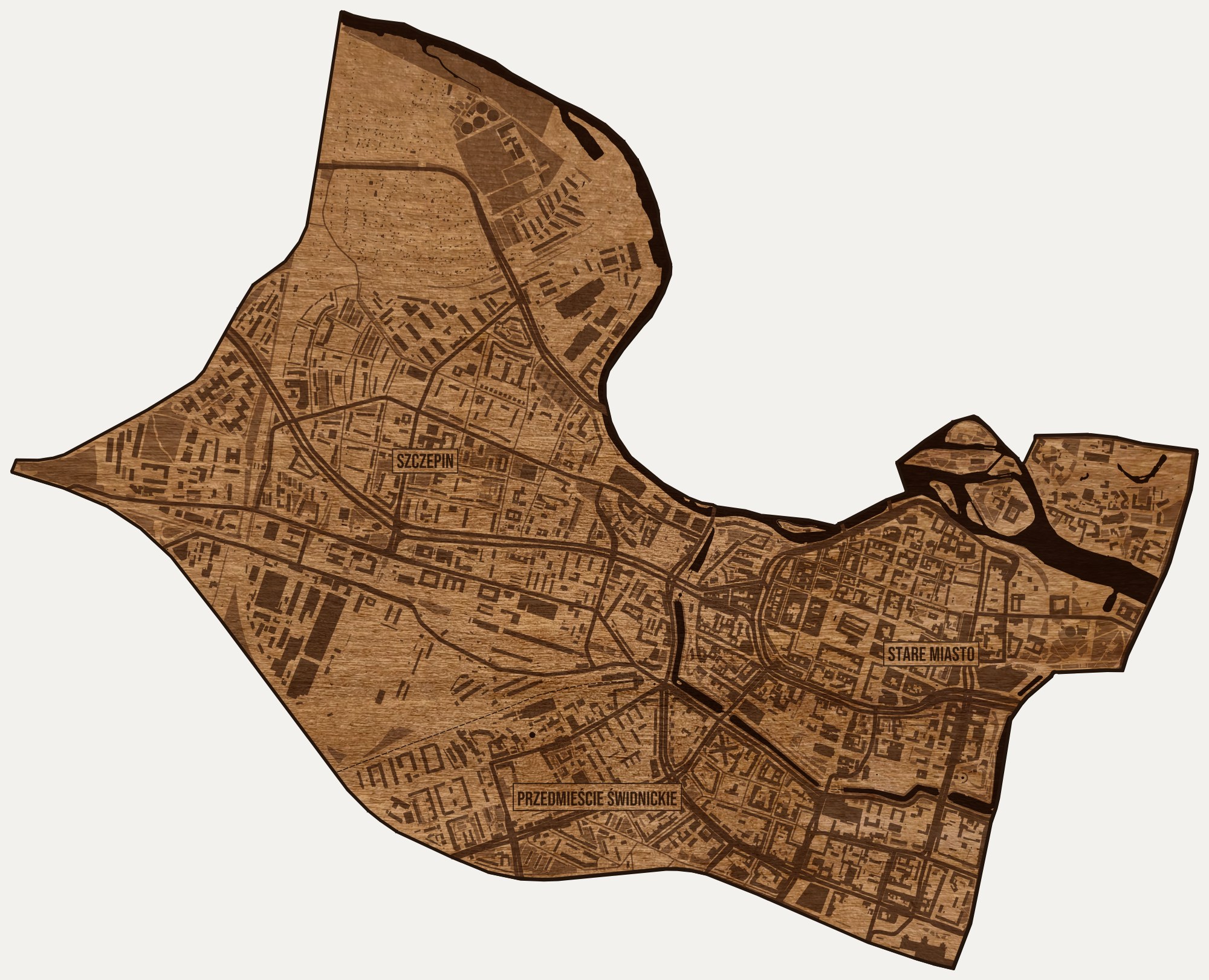 Drewniana mapa dzielnicy Stare Miasto (Wrocław) na ścianę z jednego kawałka, granice osiedli wygrawerowane