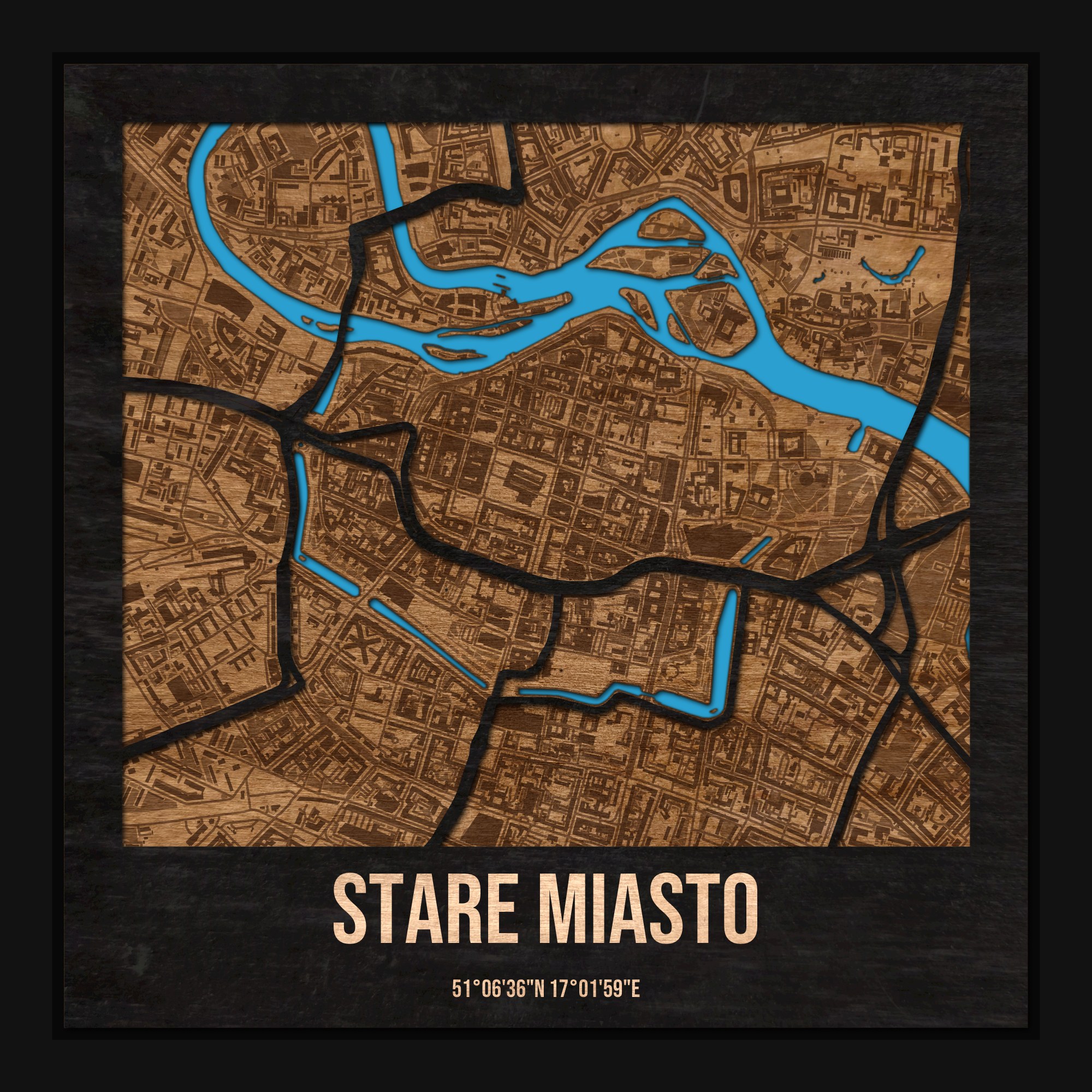 Stare Miasto (Wrocław) - drewniana mapa dzielnicy z siatką ulic w ramce