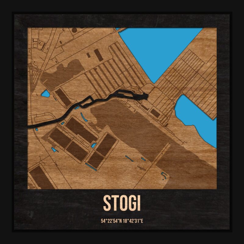 Stogi (Gdańsk) - drewniana mapa dzielnicy z siatką ulic w ramce