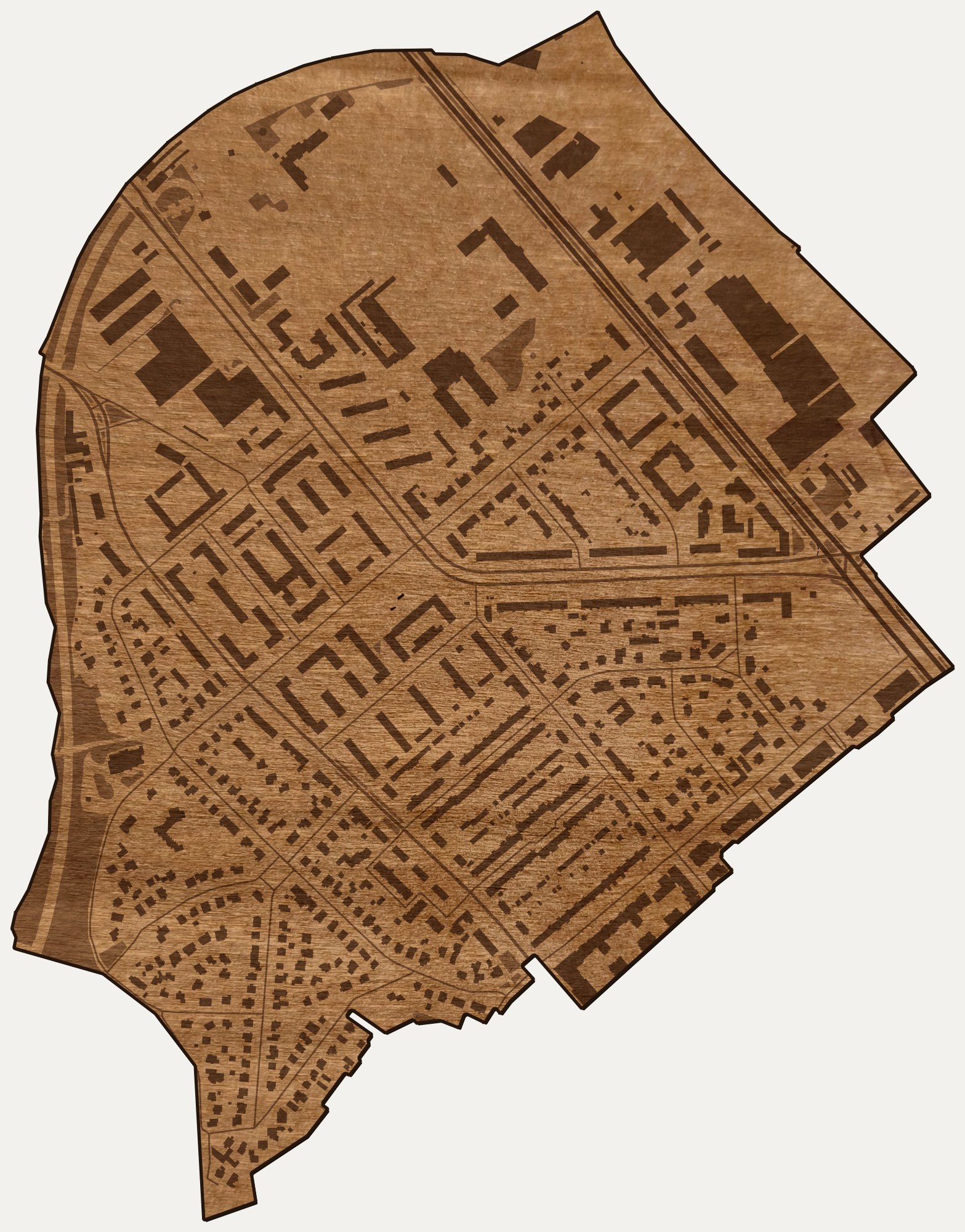 Drewniana mapa dzielnicy Strzyża (Gdańsk) na ścianę z jednego kawałka, granice osiedli wygrawerowane