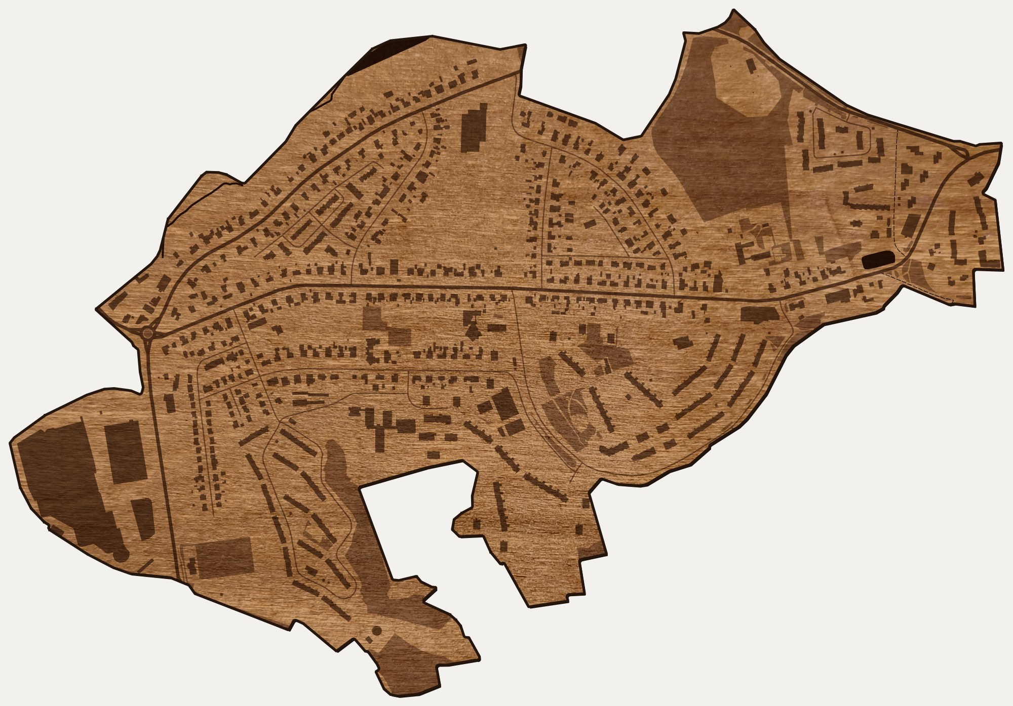 Drewniana mapa dzielnicy Suchanino (Gdańsk) na ścianę z jednego kawałka, granice osiedli wygrawerowane