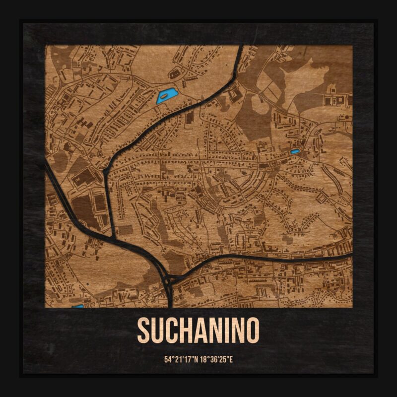 Suchanino (Gdańsk) - drewniana mapa dzielnicy z siatką ulic w ramce