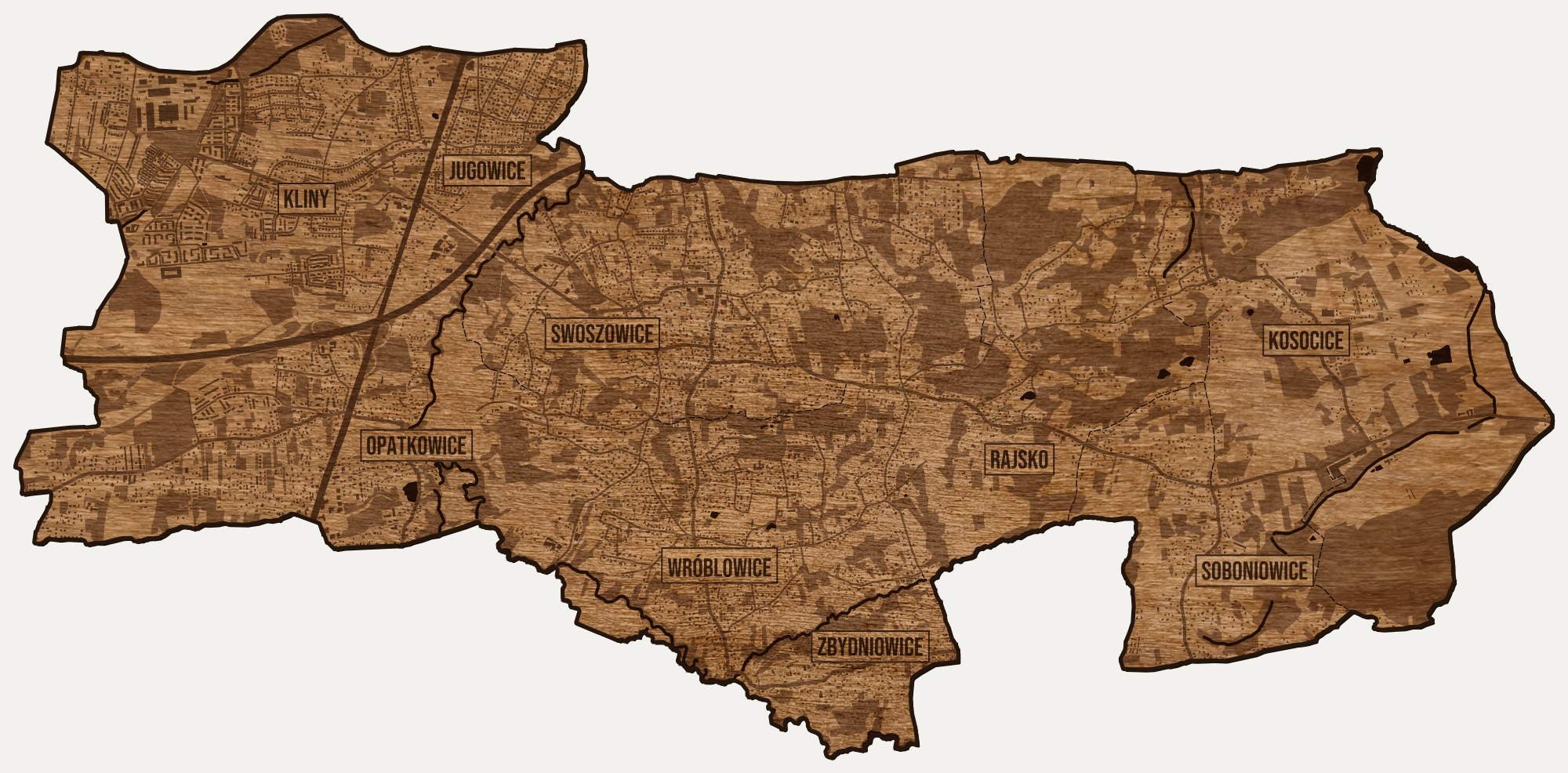 Drewniana mapa dzielnicy Swoszowice (Kraków) na ścianę z jednego kawałka, granice osiedli wygrawerowane