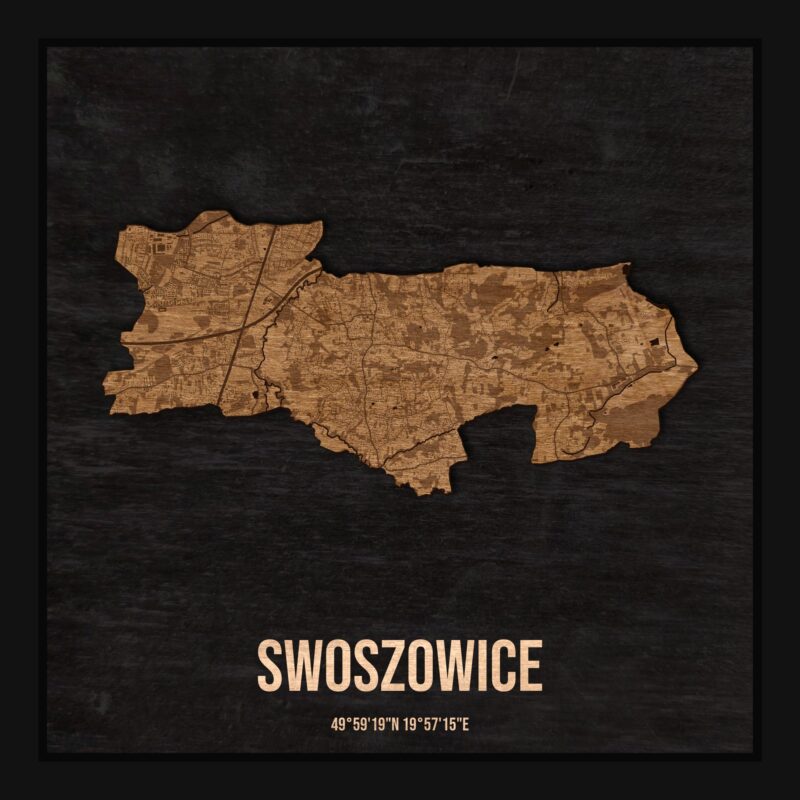 Drewniana mapa dzielnicy Swoszowice w ramce 25×25: kontur dzielnicy na czarnej płycie, ulice, budynki, zieleń i woda