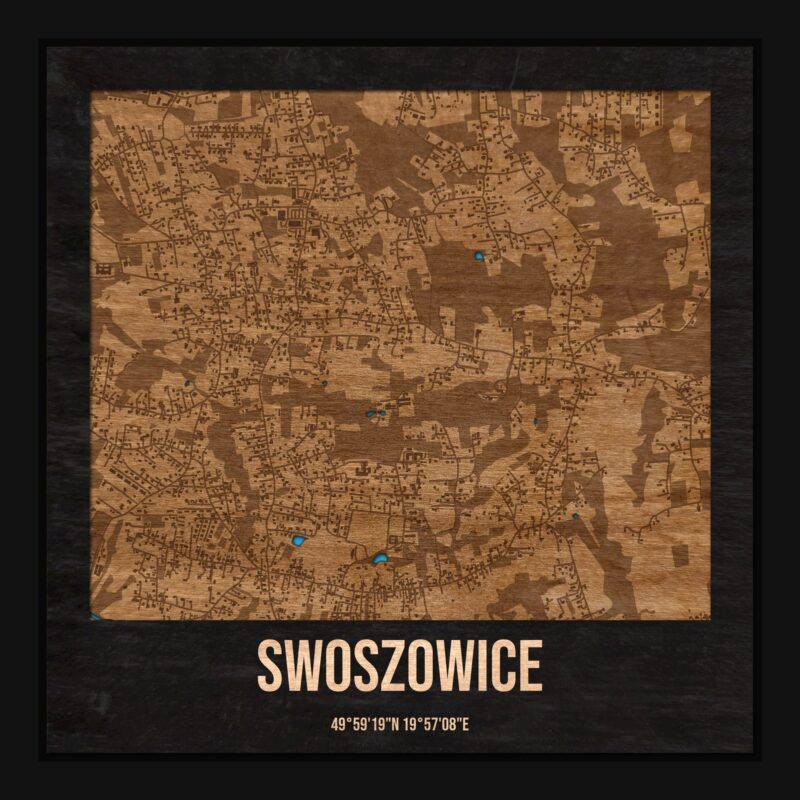 Swoszowice (Kraków) - drewniana mapa dzielnicy z siatką ulic w ramce