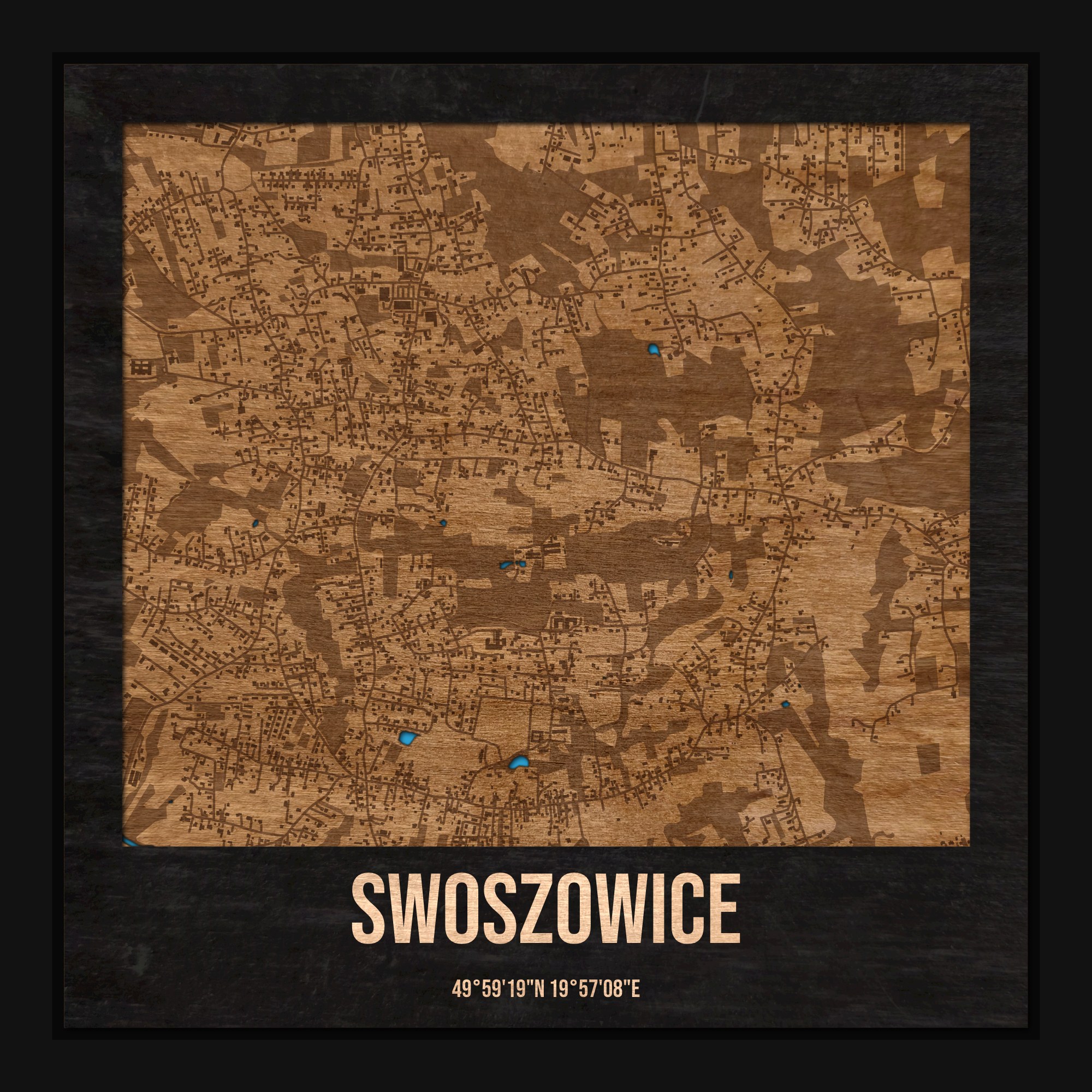 Swoszowice (Kraków) - drewniana mapa dzielnicy z siatką ulic w ramce