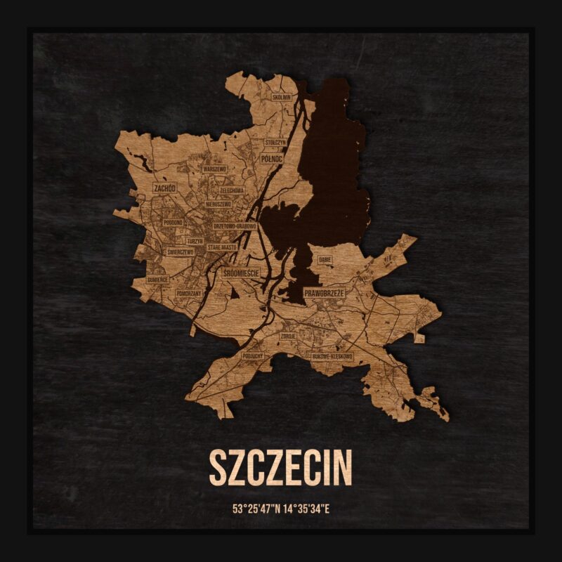 Drewniana mapa Szczecina w ramce 25×25: kontur miasta na czarnej płycie, ulice, budynki, rzeki, granice i nazwy dzielnic