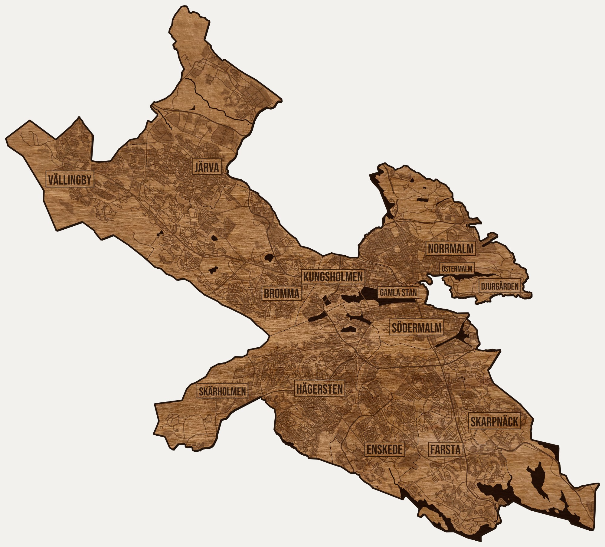 Drewniana mapa Sztokholmu na ścianę z jednego kawałka, granice dzielnic wygrawerowane