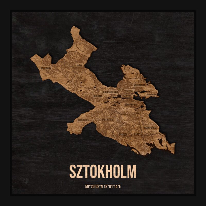 Drewniana mapa Sztokholmu w ramce 25×25: kontur miasta na czarnej płycie, ulice, zabudowa, rzeki, granice i nazwy dzielnic