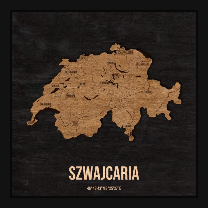 Drewniana mapa Szwajcarii w ramce 25×25: kontur kraju na czarnej płycie, nazwy miast, rzeki, jeziora, ukształtowanie terenu i granice regionów
