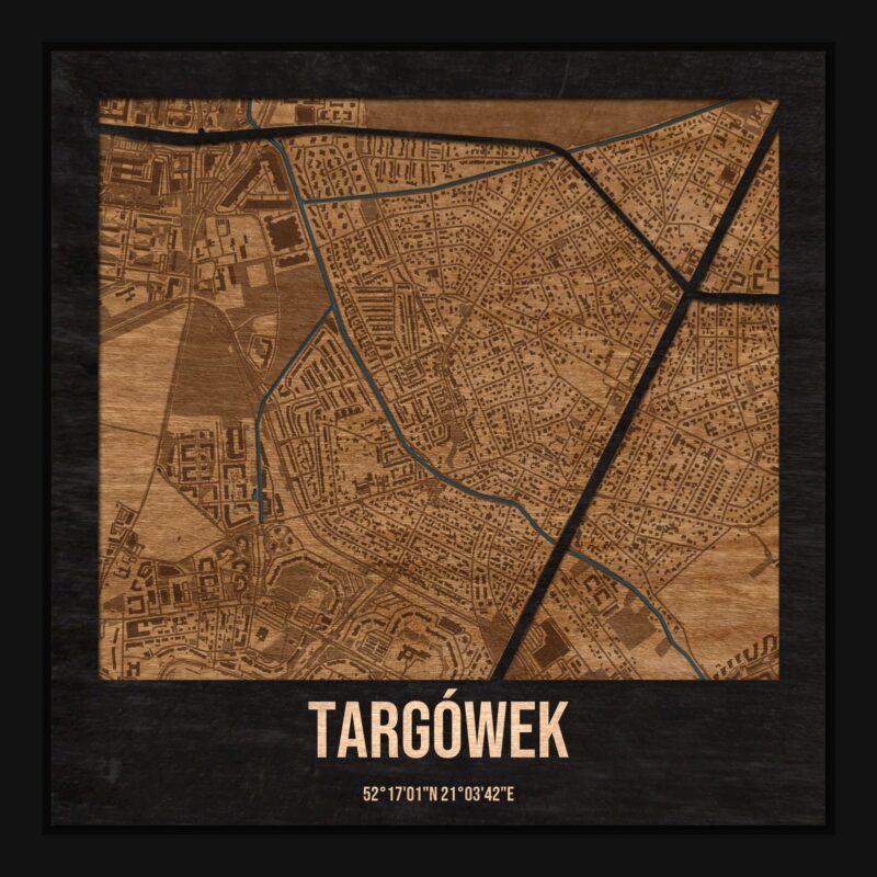 Targówek (Warszawa) - drewniana mapa dzielnicy z siatką ulic w ramce