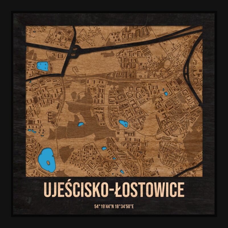 Ujeścisko-Łostowice (Gdańsk) - drewniana mapa dzielnicy z siatką ulic w ramce