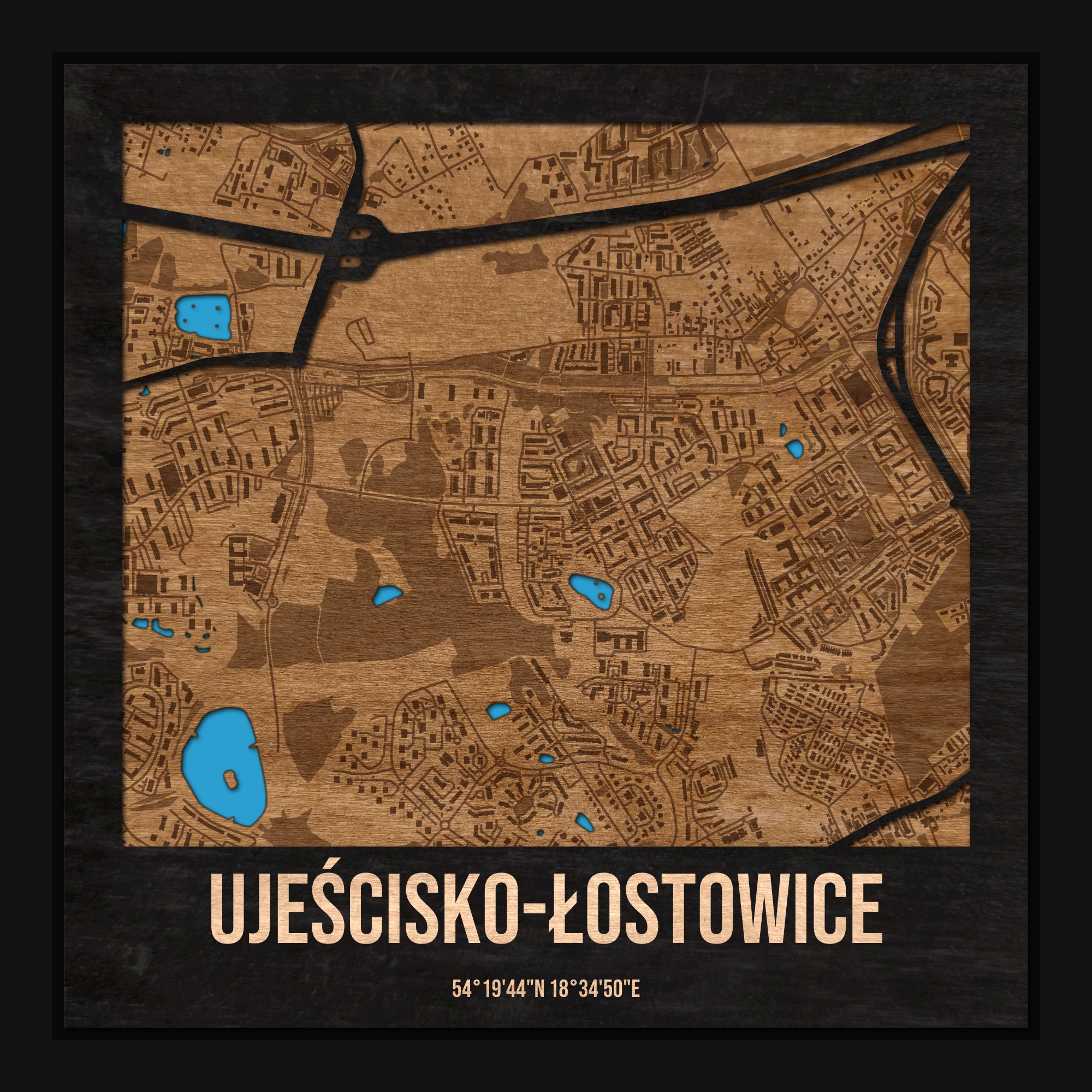 Ujeścisko-Łostowice (Gdańsk) - drewniana mapa dzielnicy z siatką ulic w ramce