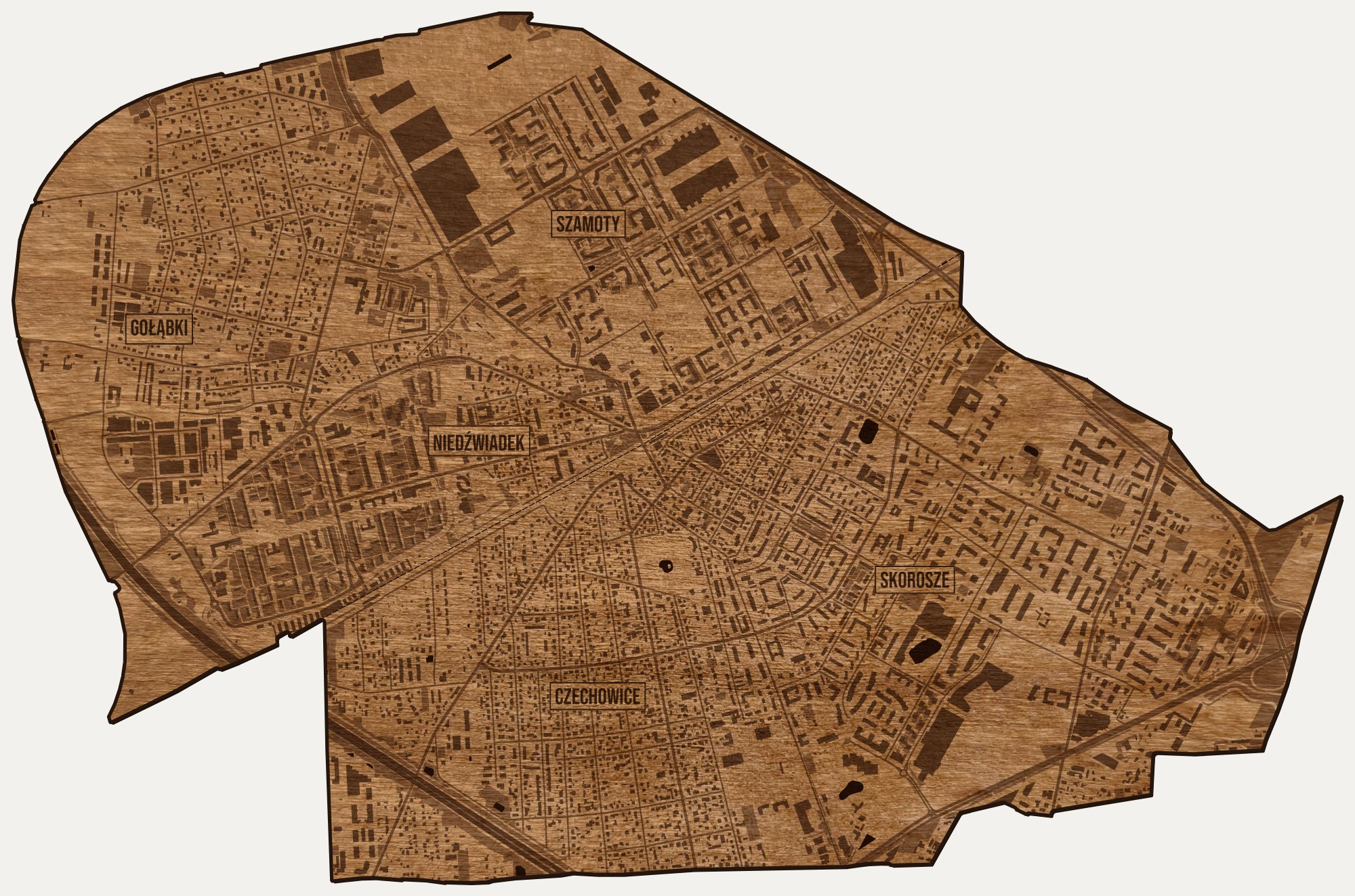 Drewniana mapa dzielnicy Ursus (Warszawa) na ścianę z jednego kawałka, granice osiedli wygrawerowane