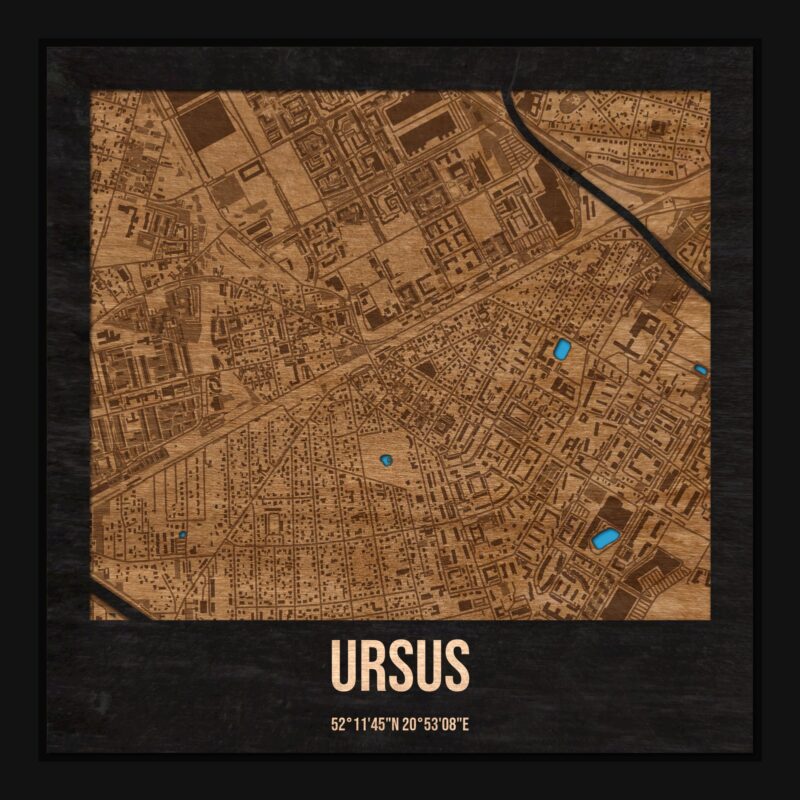 Ursus (Warszawa) - drewniana mapa dzielnicy z siatką ulic w ramce