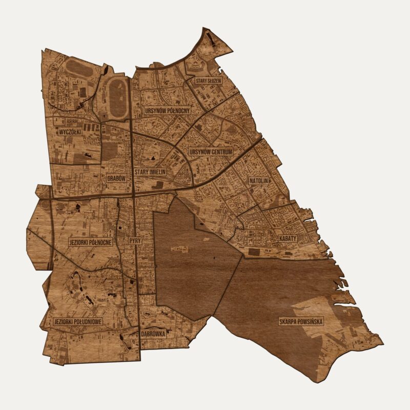 Ursynów (Warszawa) - drewniana mapa dzielnicy na ścianę
