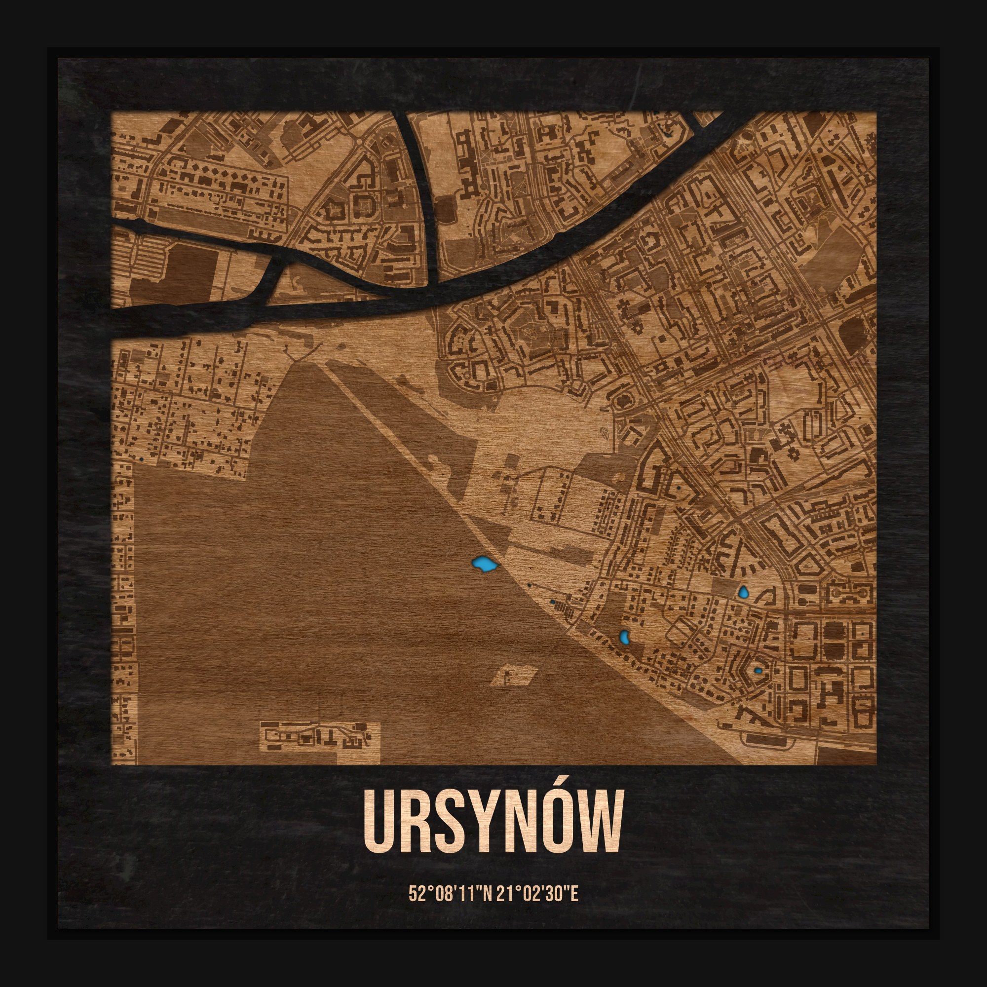 Ursynów (Warszawa) - drewniana mapa dzielnicy z siatką ulic w ramce