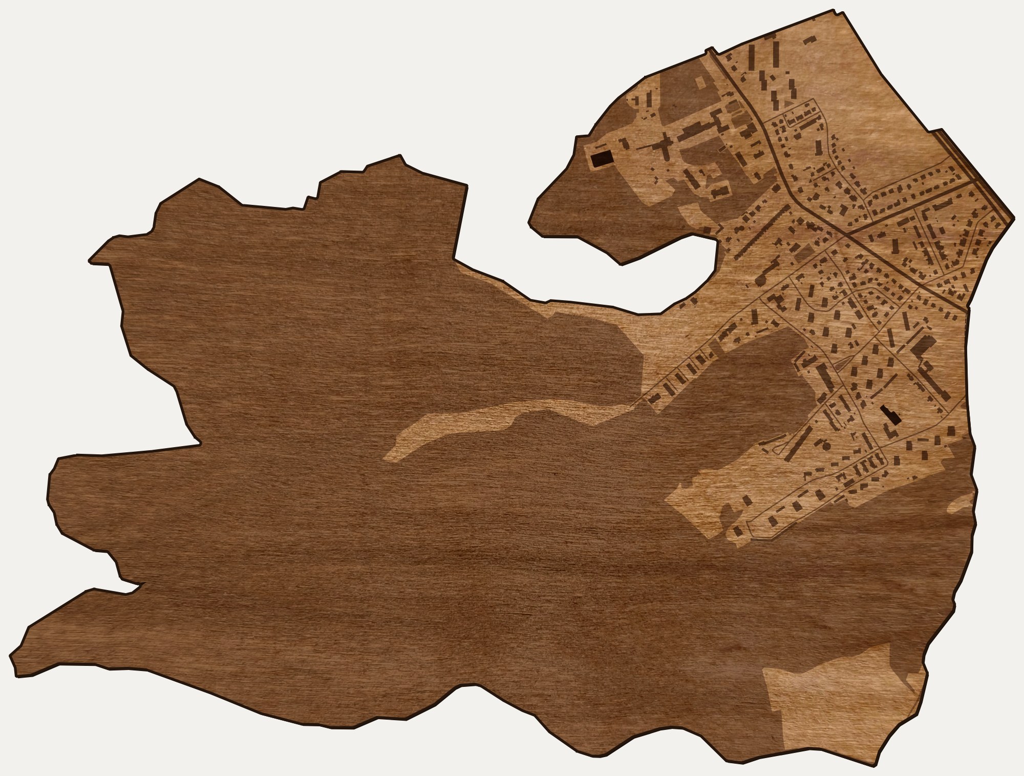 Drewniana mapa dzielnicy VII Dwór (Gdańsk) na ścianę z jednego kawałka, granice osiedli wygrawerowane