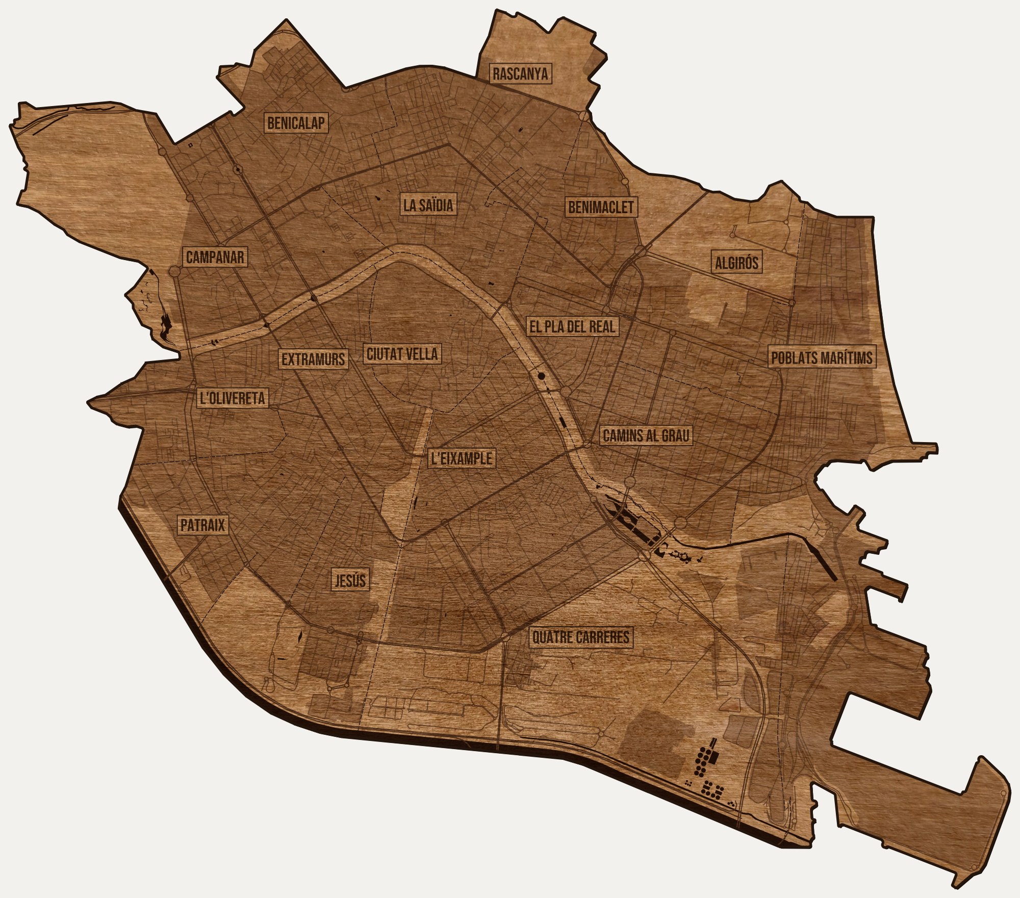 Drewniana mapa Walencji na ścianę z jednego kawałka, granice dzielnic wygrawerowane