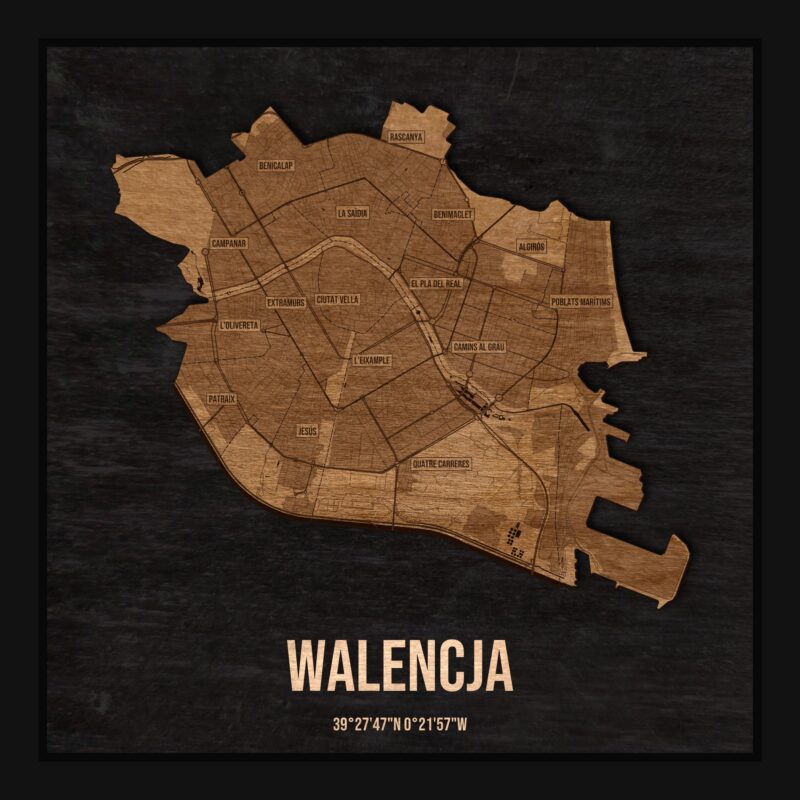 Drewniana mapa Walencji w ramce 25×25: kontur miasta na czarnej płycie, ulice, zabudowa, rzeki, granice i nazwy dzielnic