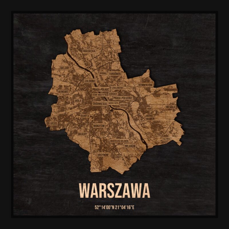 Warszawa - drewniana mapa miasta w ramce