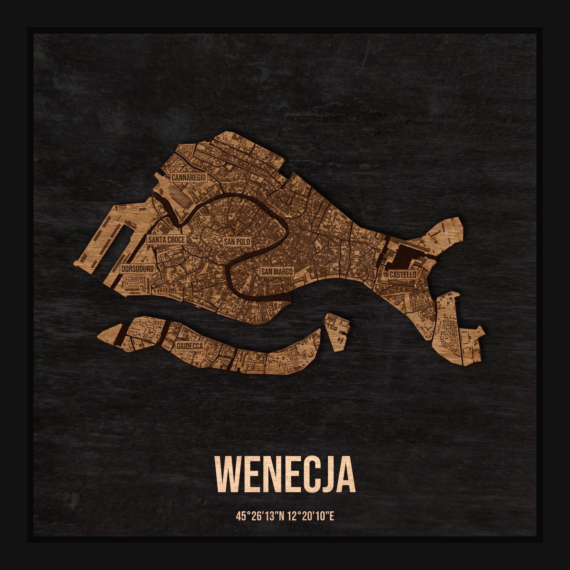 Drewniana mapa Wenecji w ramce 25×25: kontur miasta na czarnej płycie, ulice, budynki, rzeki, granice i nazwy dzielnic