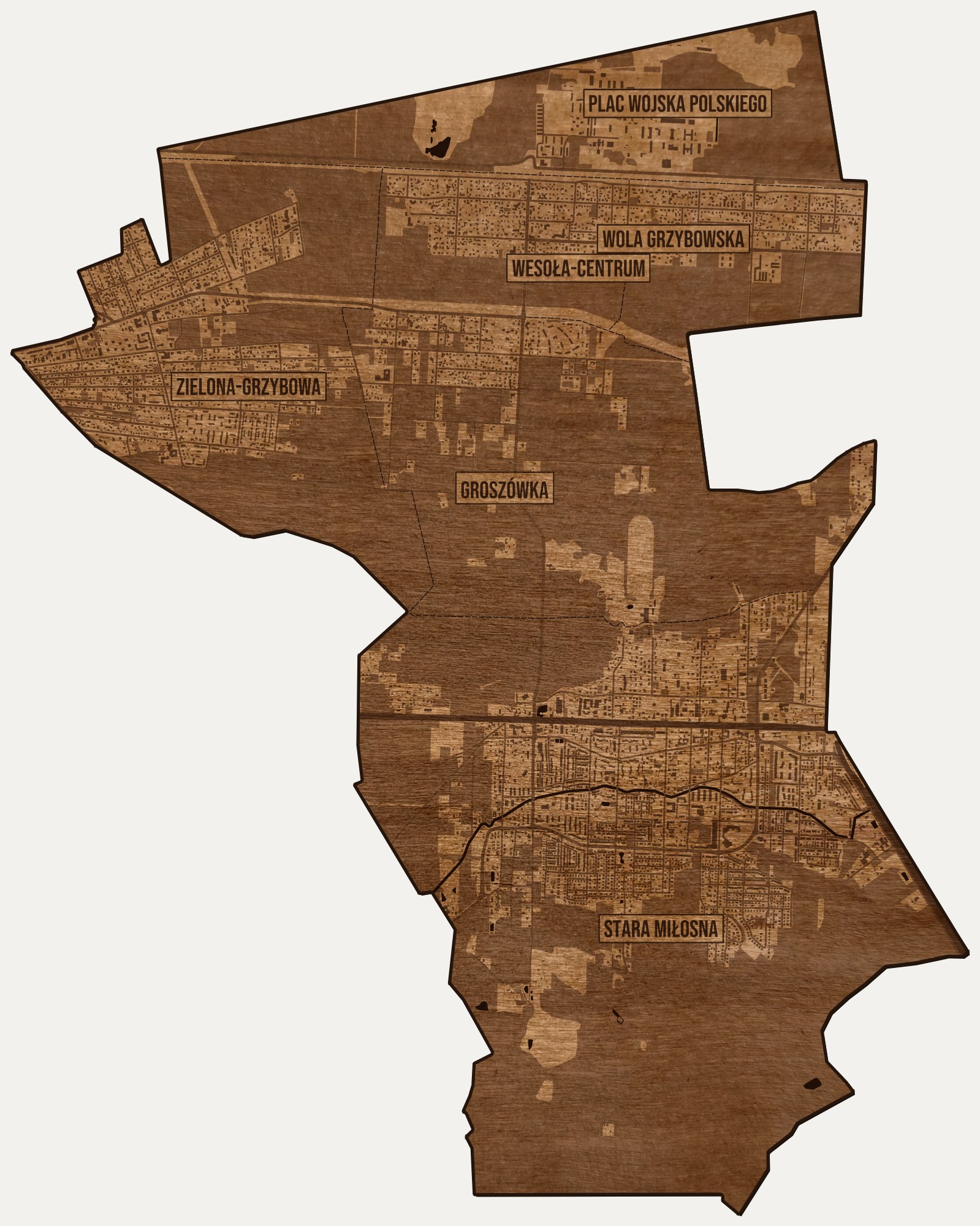 Drewniana mapa dzielnicy Wesoła (Warszawa) na ścianę z jednego kawałka, granice osiedli wygrawerowane