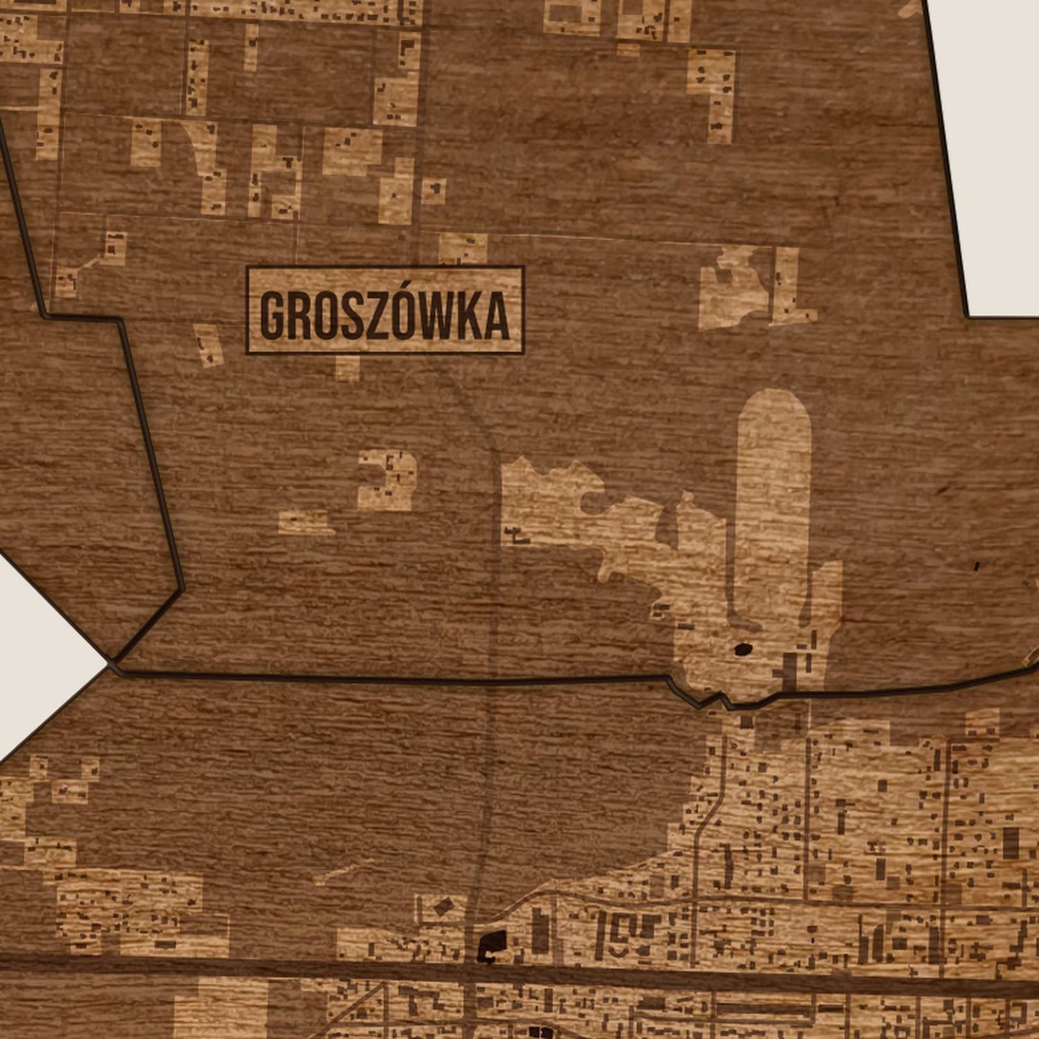 Wesoła (Warszawa) - zbliżenie na grawer drewnianej mapy