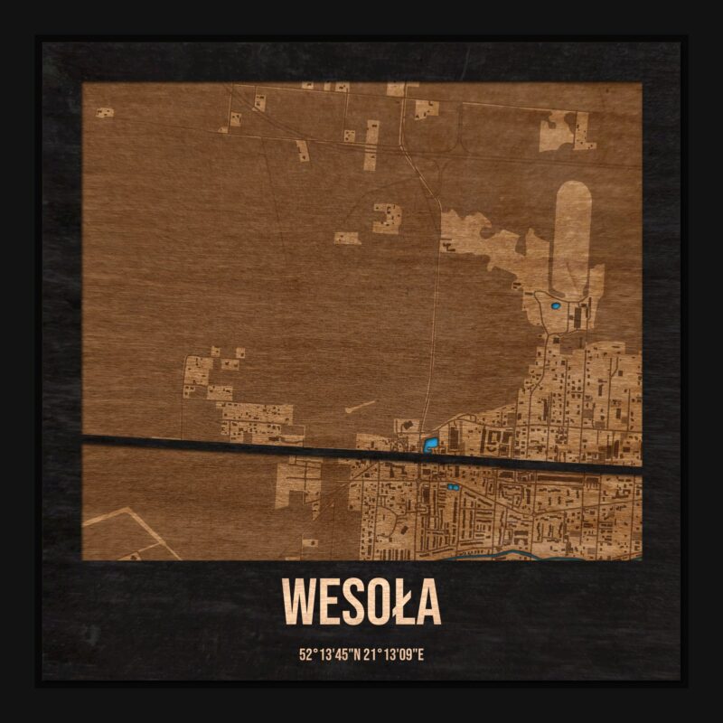 Wesoła (Warszawa) - drewniana mapa dzielnicy z siatką ulic w ramce