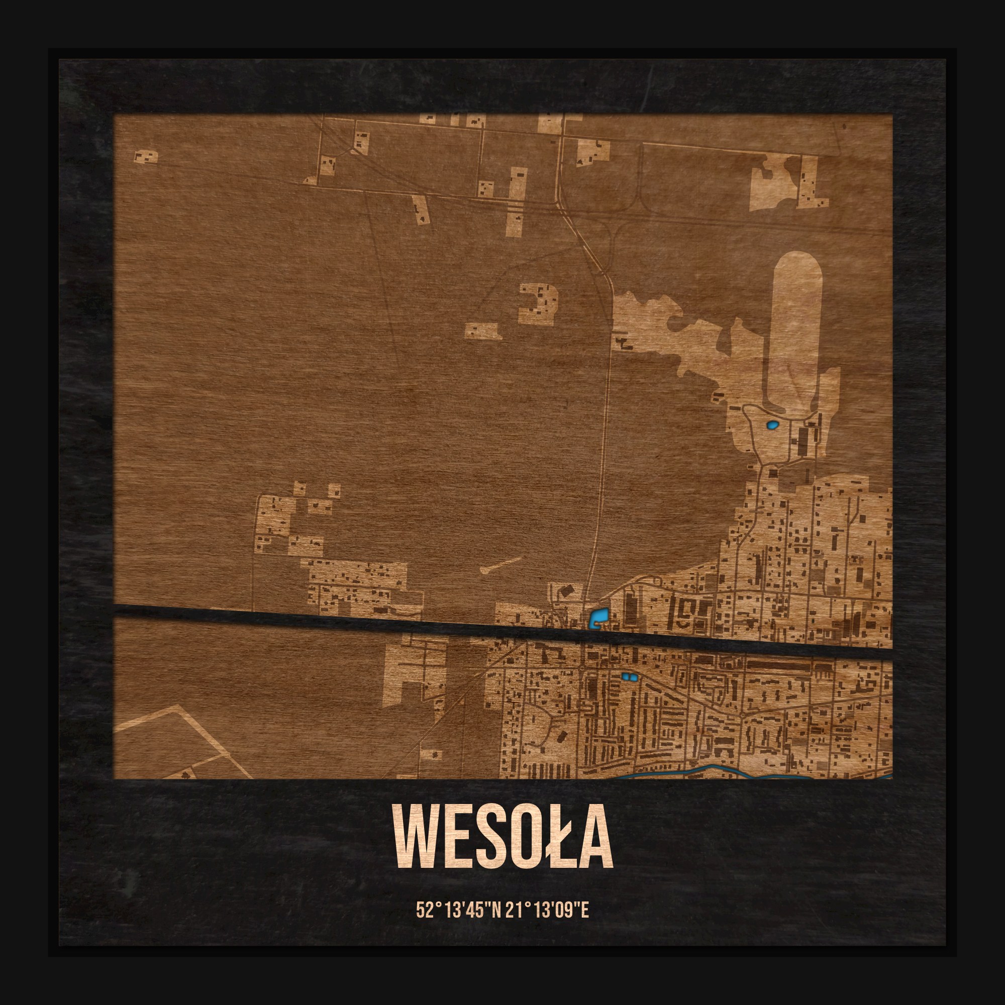 Wesoła (Warszawa) - drewniana mapa dzielnicy z siatką ulic w ramce