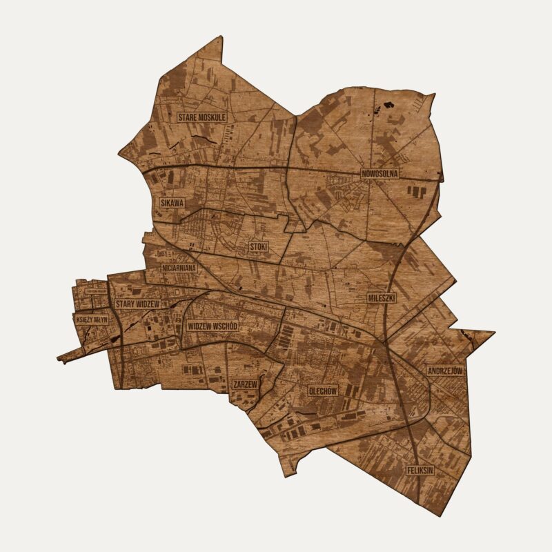Widzew (Łódź) - drewniana mapa dzielnicy na ścianę