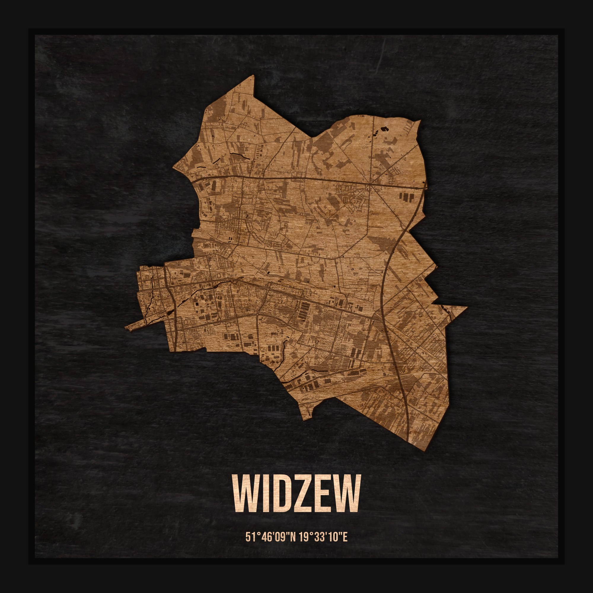 Drewniana mapa dzielnicy Widzew w ramce 25×25: kontur dzielnicy na czarnej płycie, ulice, budynki, zieleń i woda