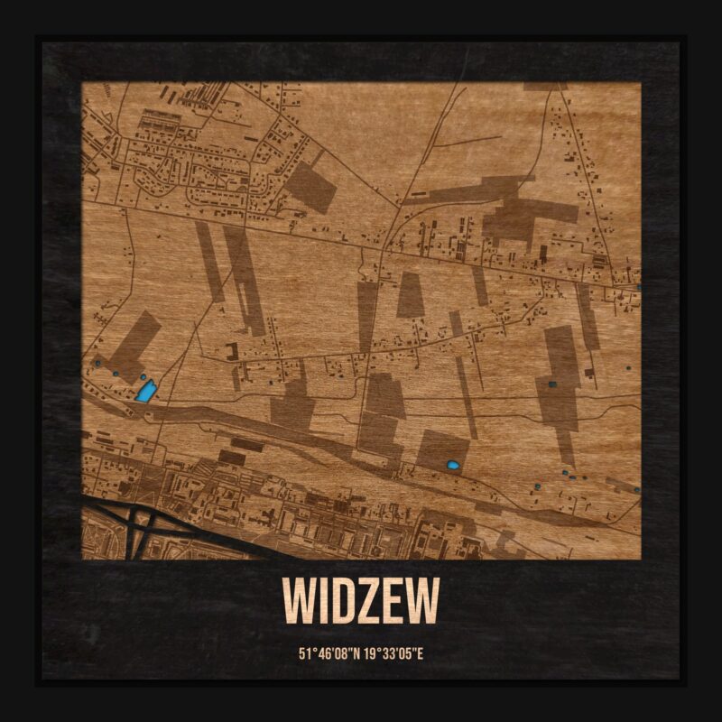 Widzew (Łódź) - drewniana mapa dzielnicy z siatką ulic w ramce