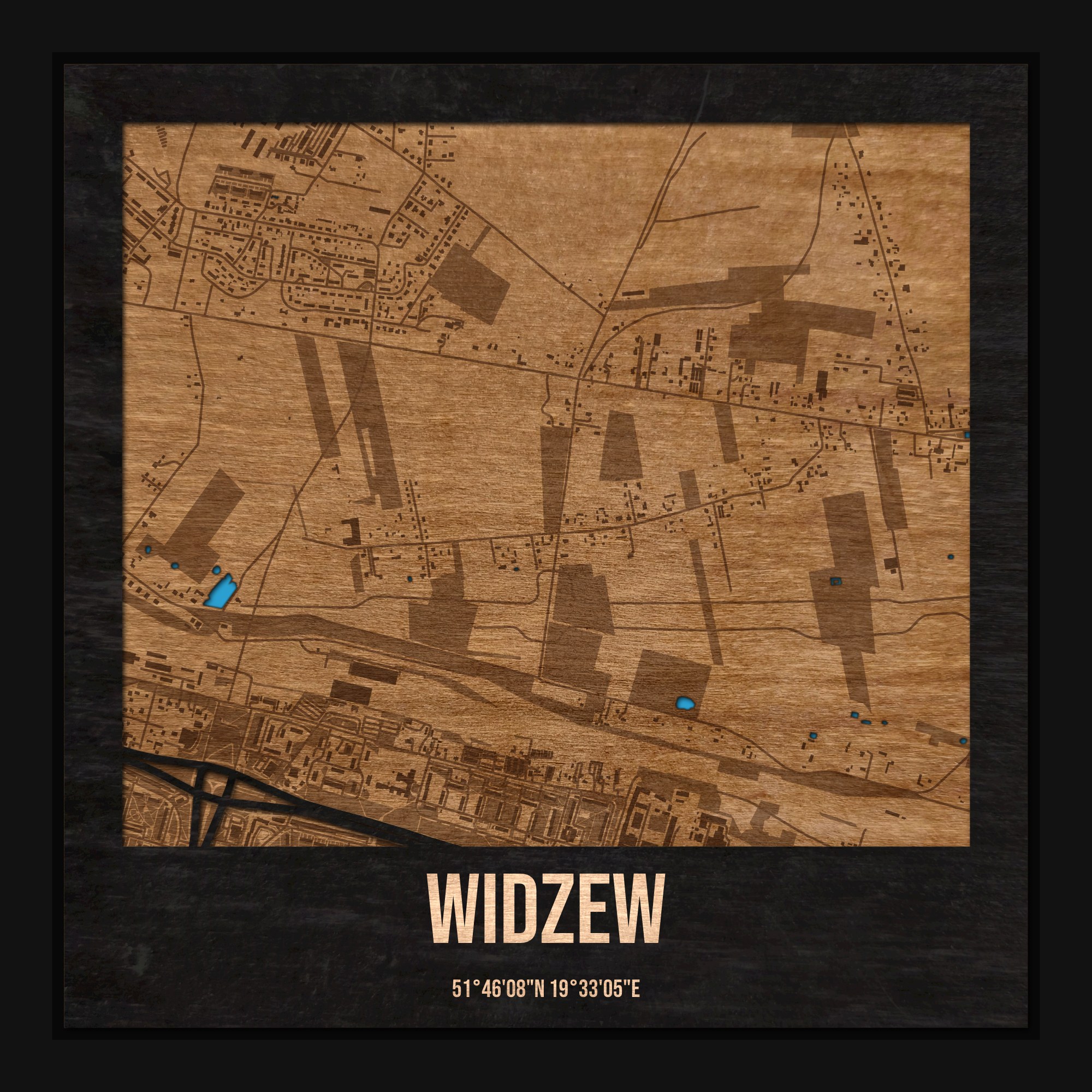Widzew (Łódź) - drewniana mapa dzielnicy z siatką ulic w ramce