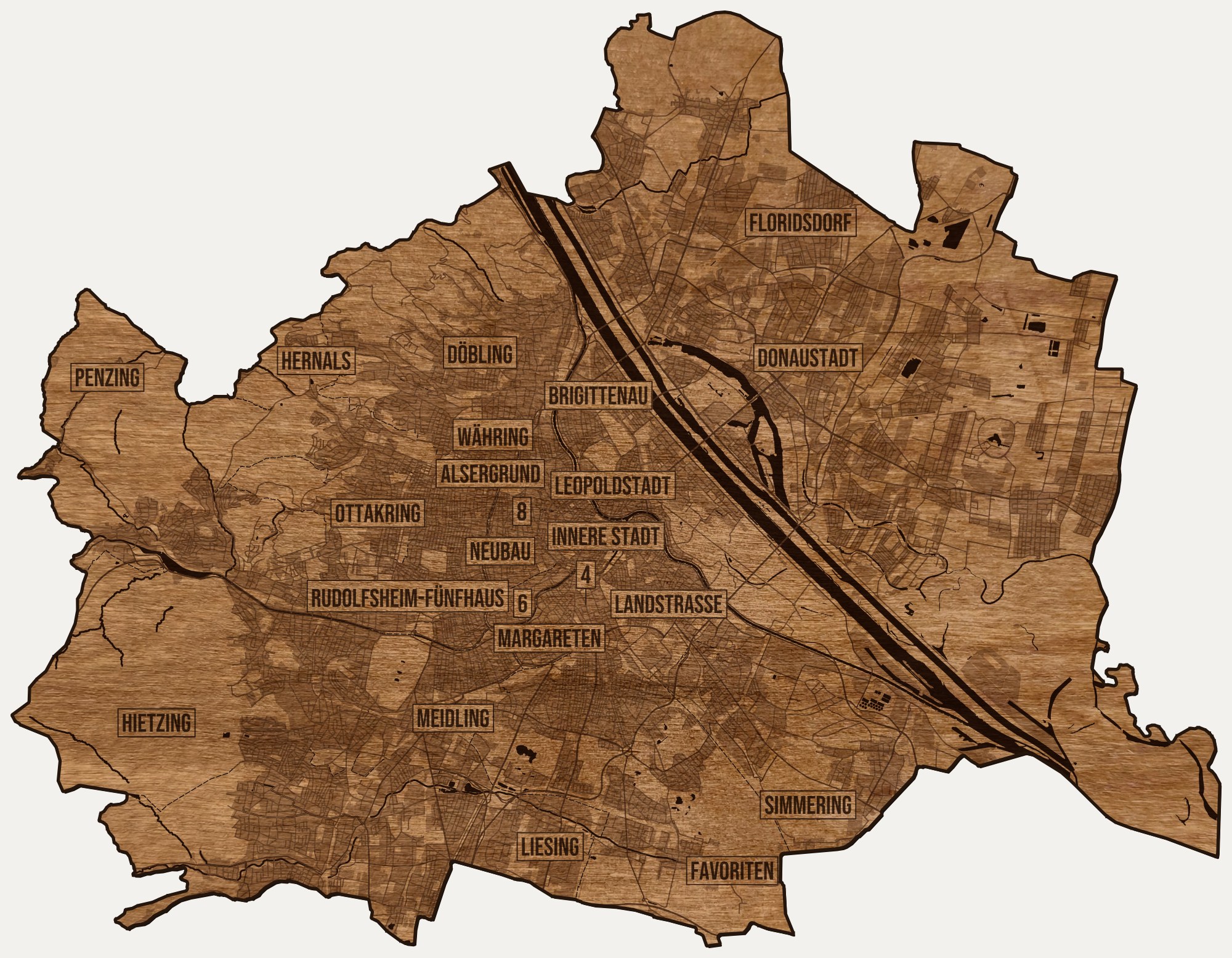 Drewniana mapa Wiednia na ścianę z jednego kawałka, granice dzielnic wygrawerowane